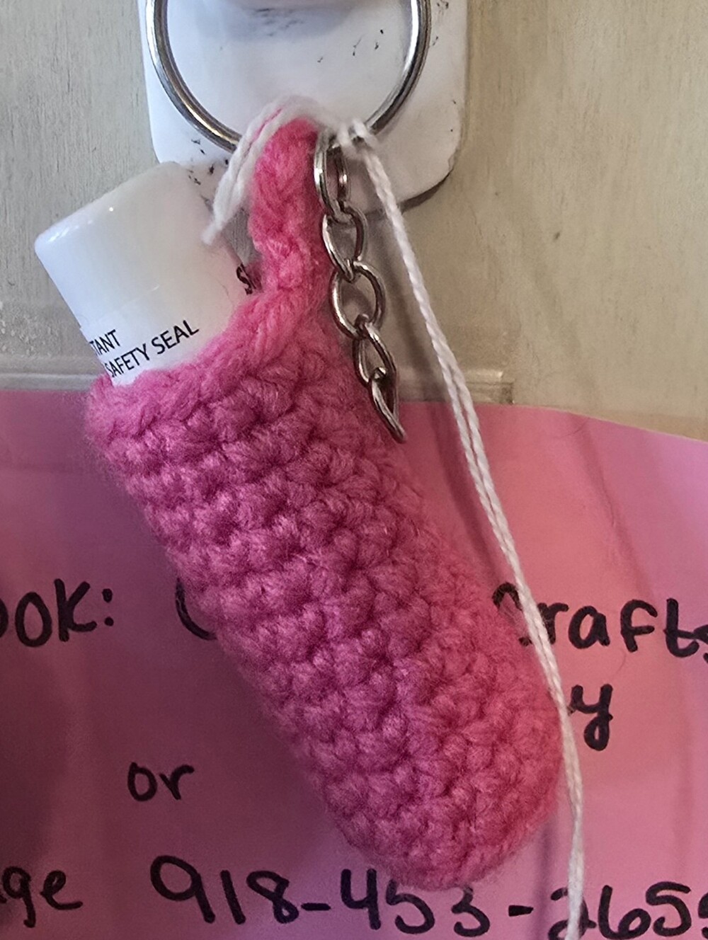 Handmade Pink Crochet Lip Balm Keychain for Kids Accessories